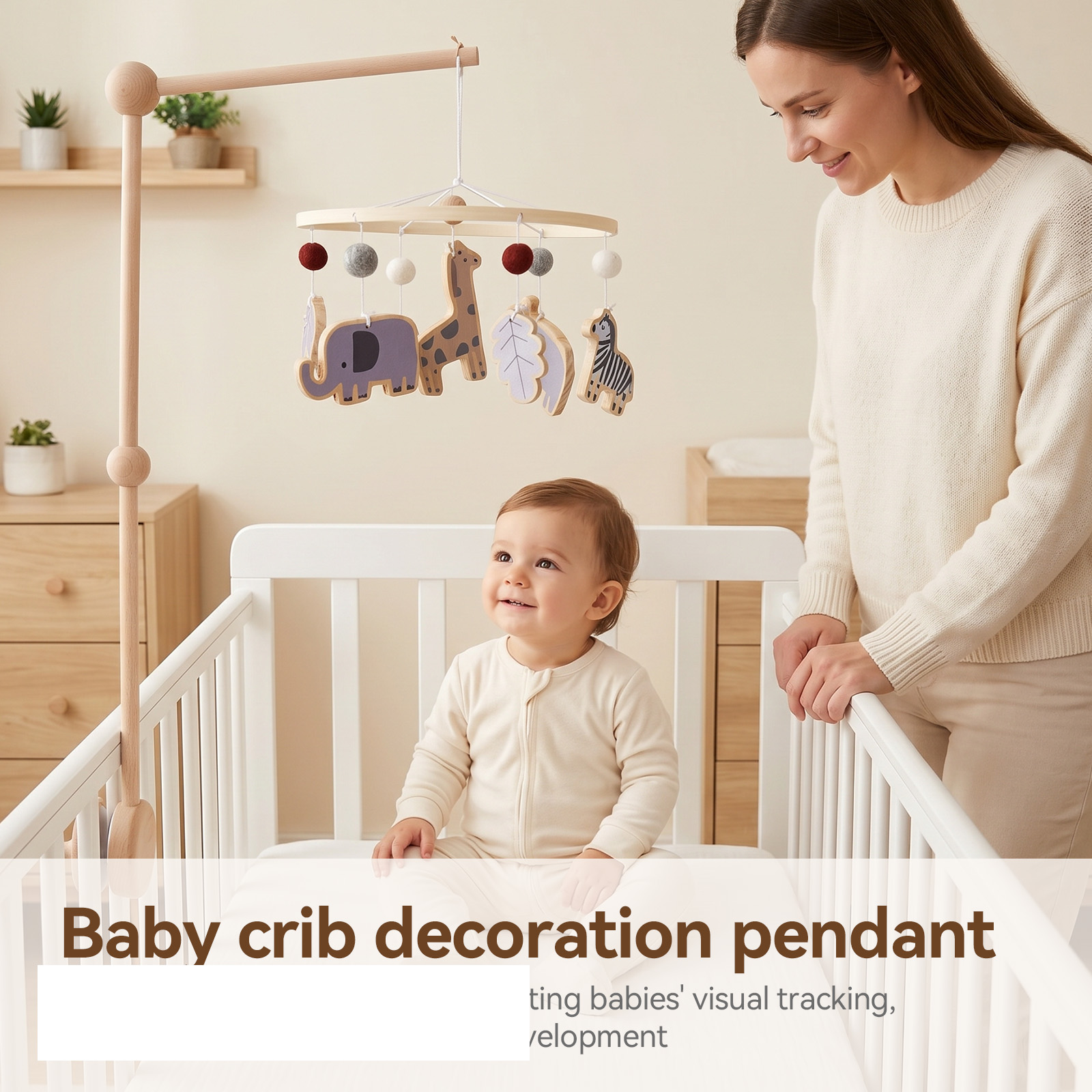 Crib Mobile Musical - جرس سرير خشبي للأطفال بتصميم الغابة،