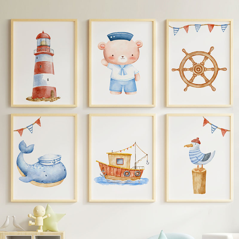 Baby Nursery Paintings - ملصقات وطباعات قماشية بتصميمات بحرية (دب،