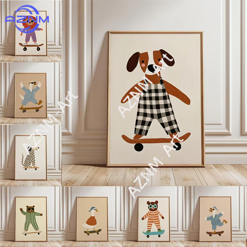Baby Nursery Things - لوحة فنية مضحكة لحيوانات تمارس التزلج،