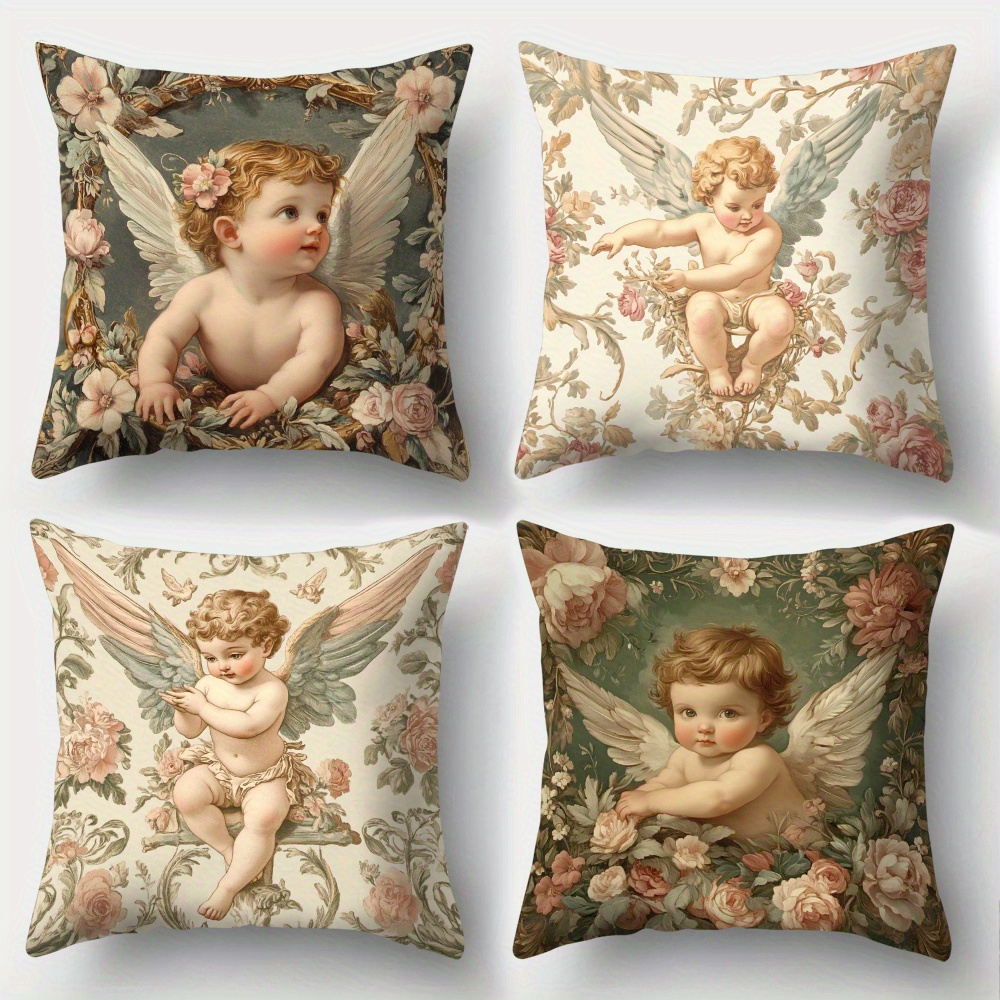 Baby Nursery Vintage Decor - أغطية وسائد مطبوعة بنقوش زهور وملائكة،